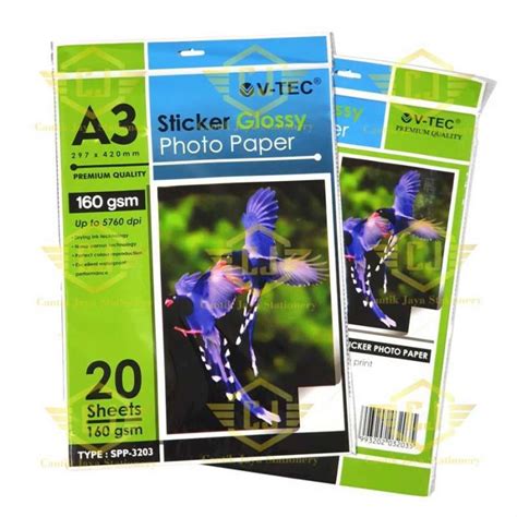 Jual Kertas Stiker V TEC Sticker Glossy Photo Paper A3 160 Gsm 20