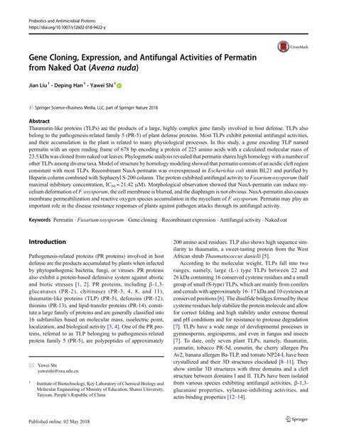 Pdf Gene Cloning Expression And Antifungal Activities Of Permatin