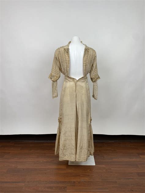 Antique Vintage 1910s Titanic Era Beige Silk Gown Wit Gem