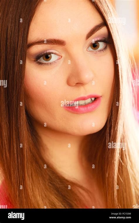 Closeup Young Woman Long Hair Makeup Portrait Stock Photo Alamy