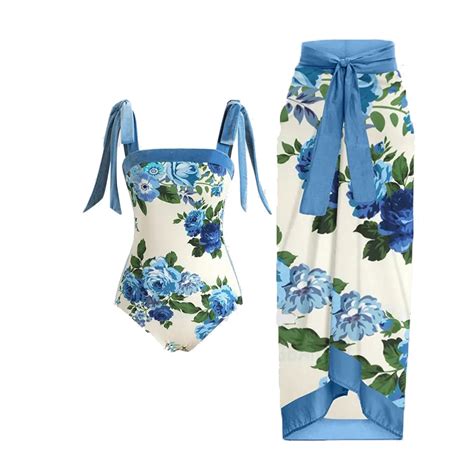 Uublik Bikini Sets For Women Vintage Flower Print Long Skirt Set Cover Ups Swimwear Bikini