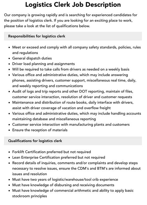 Logistics Clerk Job Description Velvet Jobs