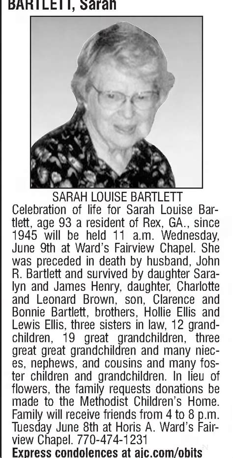 Obituary For Sarah Louise Bartlett Aged 93