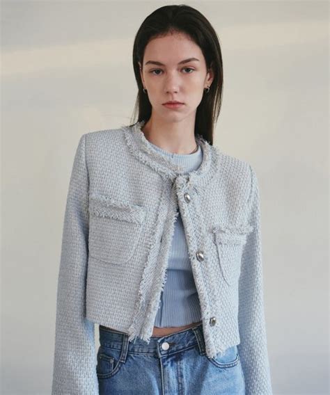 Musinsa Nick Nicole Charlotte Cropped Tweed Jacket Sky Blue