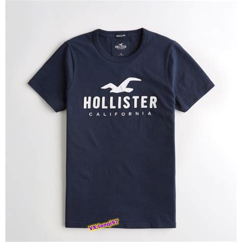 XMEU Hollister T Shirt Cotton Men Applique Dark Blue Tshirt Round