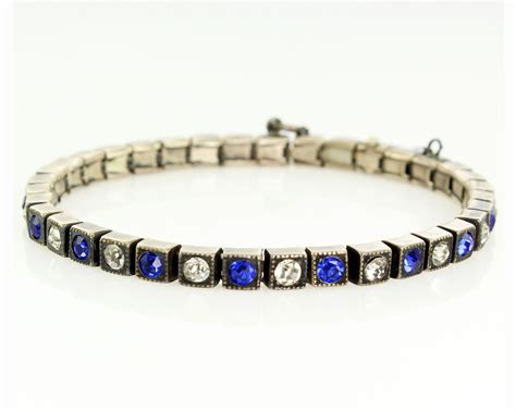 Art Deco Sterling Line Bracelet Royal Blue Clear Rhinestones Sterling