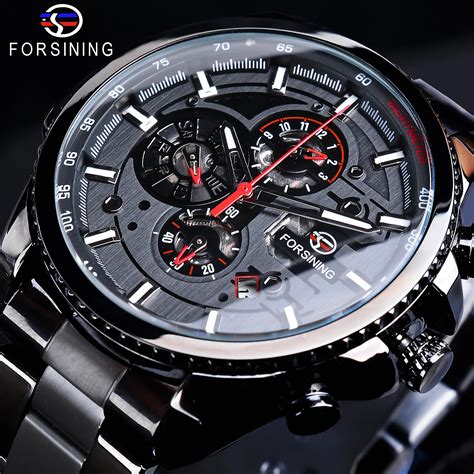 Forsining Sport Male Clock Three Dial Calendar Display Black Stainless