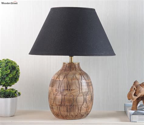 Buy Samsula Natural Carved Wood Table Lamp With Cotton Shade Black