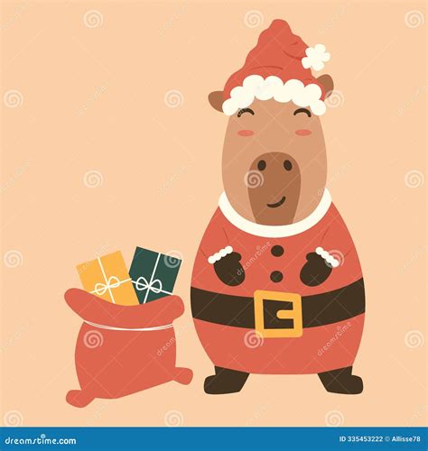 Cute Cartoon Character Santa Claus Capybara With Christmas Gift Bag