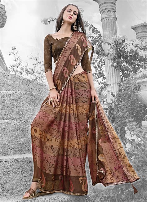 Brown Party Wear Floral Printed Fancy Brasso Sarees Collection Catalog