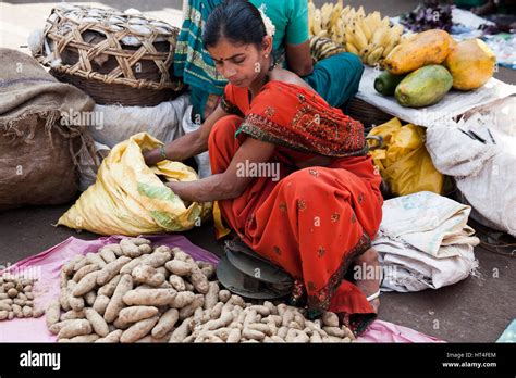 Woman Selling Goods At The Mapusa Market In North Goa India People