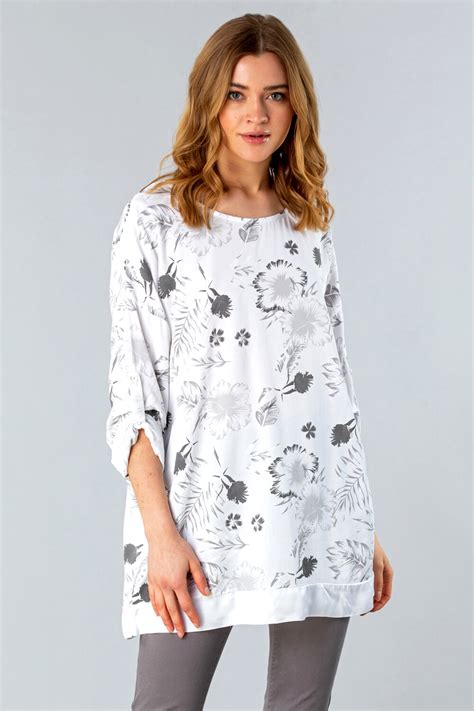 Floral Print Longline Tunic Top In White Roman Originals Uk