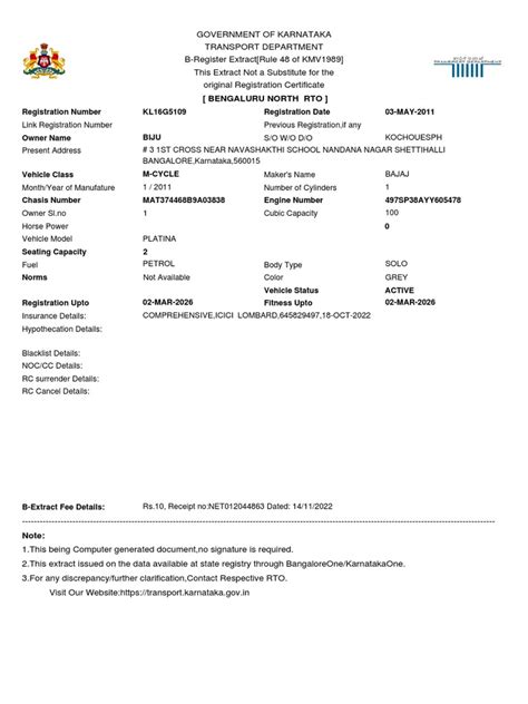 Karnataka Government B Register Extract Pdf Car Motor Vehicle