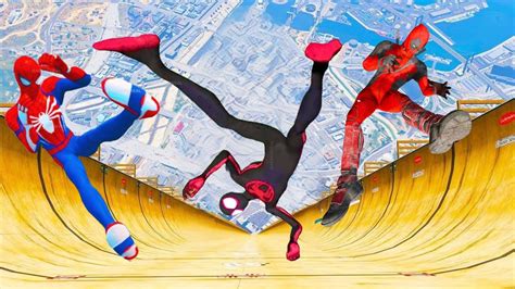 GTA 5 SPIDERMAN X MILES MORALES Vs MEGA RAMP JUMP 830 Spider Man Jumps