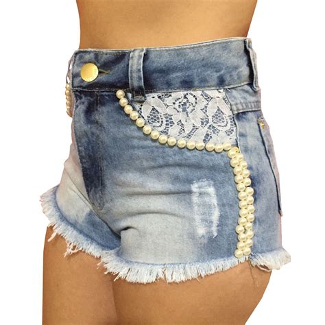 Shorts Cintura Alta Hot Pants Jeans Feminino Pérola E Renda R em Mercado Livre