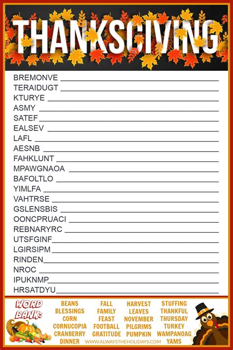 Printable Thanksgiving Word Scramble