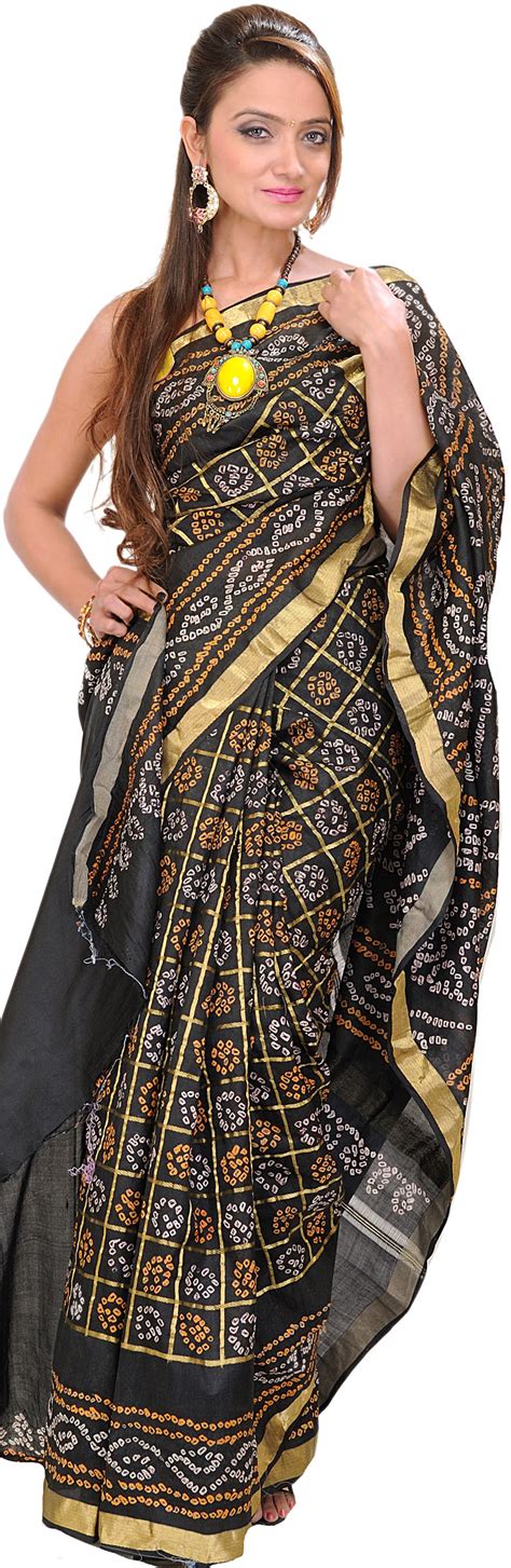 Black Bandhani Tie Dye Gharchola Sari From Gujrat With Golden Thread Weave Exotic India Art