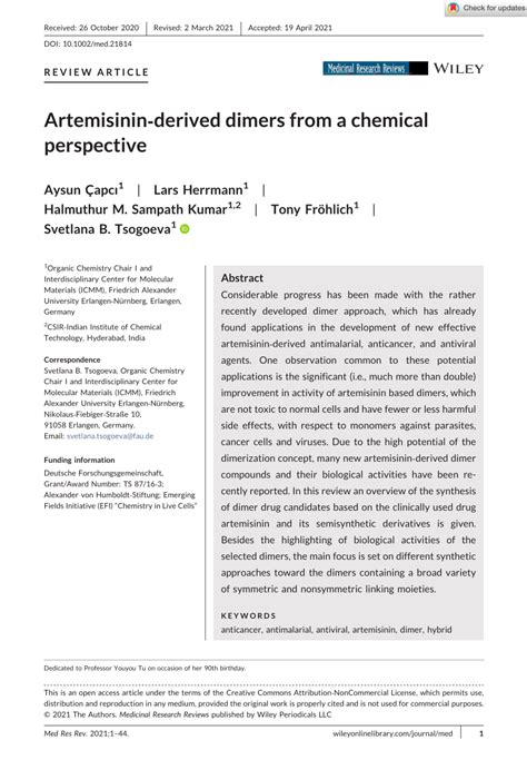 Pdf Artemisinin‐derived Dimers From A Chemical Perspective