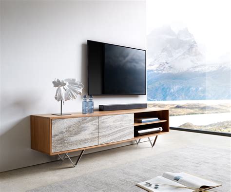 Meuble Tv Kleo Cm Acacia Naturel Portes Pied En V Inox Delife