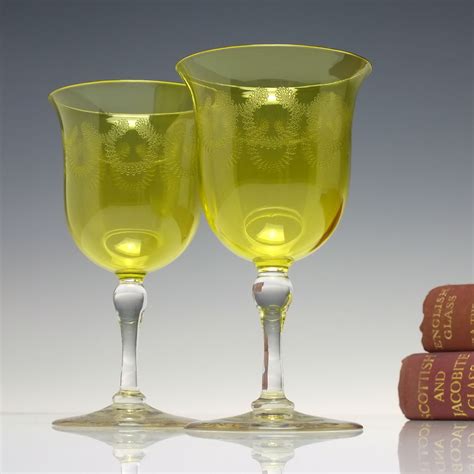 Rare Set Of Six Edwardian Engraved Yellow Wine Glasses C1910 Drinking Glasses Exhibit Antiques