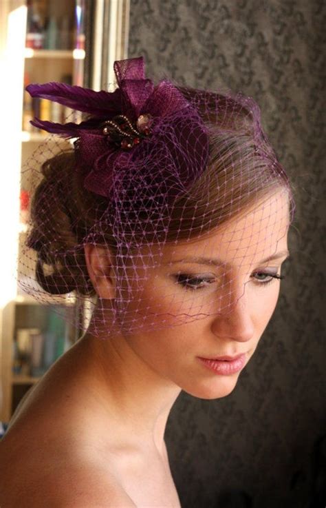 BIRDCAGE VEIL Purple COCTAIL Hat Black Mini Hat Purple Fascinator