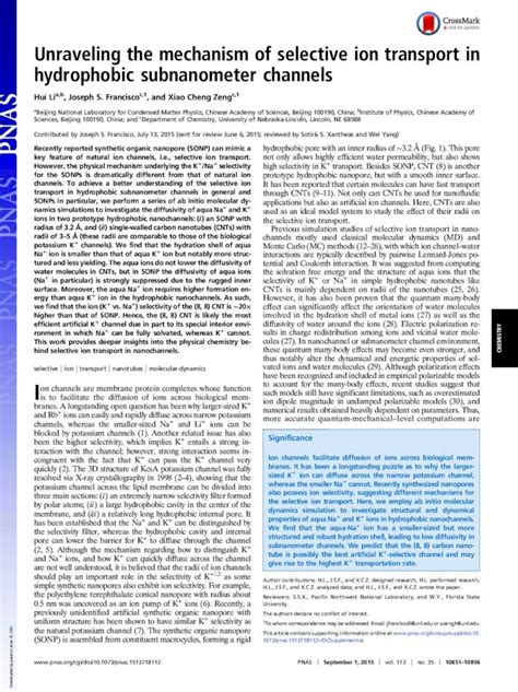 PDF Unraveling The Mechanism Of Selective Ion Transport In