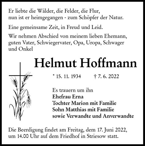 Traueranzeigen Von Helmut Hoffmann Lr Online Trauer De