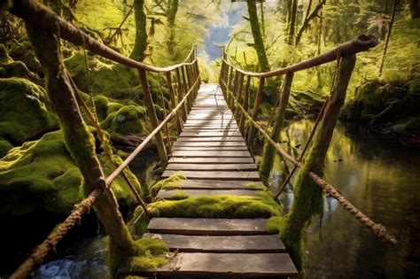 Premium Ai Image Crossing A Rustic Bridge A Narrow Wooden Bridge