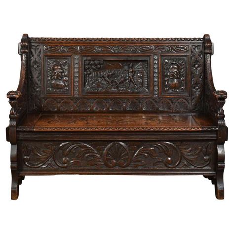 Antique Hall Bench Entryway Bench Carved Oak Settle Scotland 1880