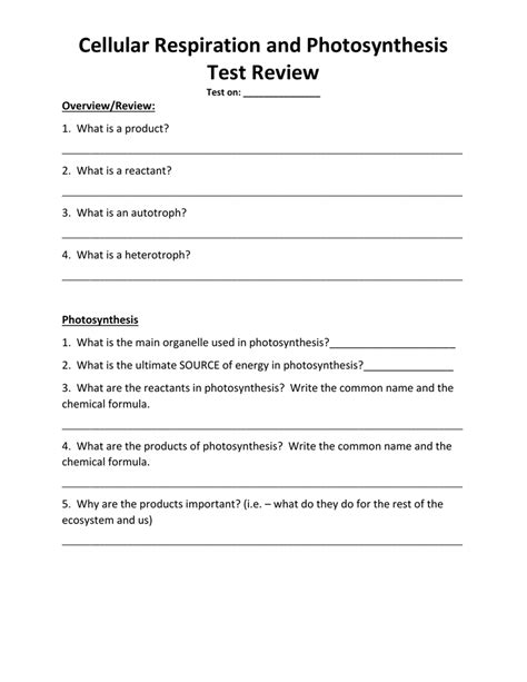 Cellular Respiration And Photosynthesis Test Review