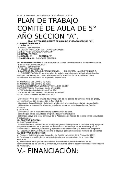 Plan De Trabajo Comit De Aula De To Plan De Trabajo Comit De Aula