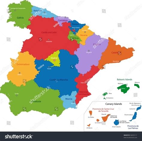 Colorful Spain Map With Regions And Main Cities Royalty Free Stock