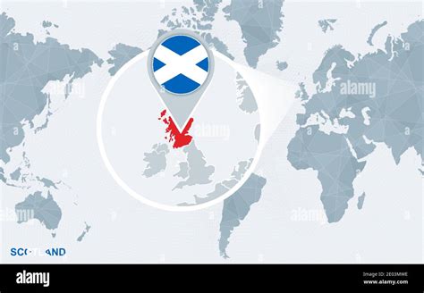 World map centered on America with magnified Scotland. Blue flag and map of Scotland. Abstract ...