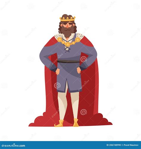 Medieval Bearded King With Crown Wearing Red Mantle Vector Illustration