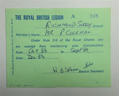 British Legion membership card; The Royal British Legion Press; 1983 ...