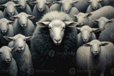 Black Sheep In The Middle Of A Flock Of White Sheep Generative Ai