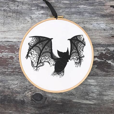 Black Lace Bat Embroidery Hoop Art Gothic Home Decor Gift Embroidery