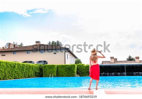 Woman Red Bikini By Swimming Pool Stock Photo Shutterstock