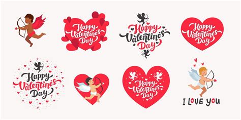 happy Valentine s day vector set. Love day quotes and lettering with hearts and cupids white ...