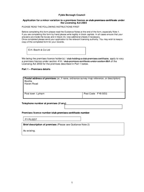 Fillable Online Minor Variations To Premises And Club Premises Licences