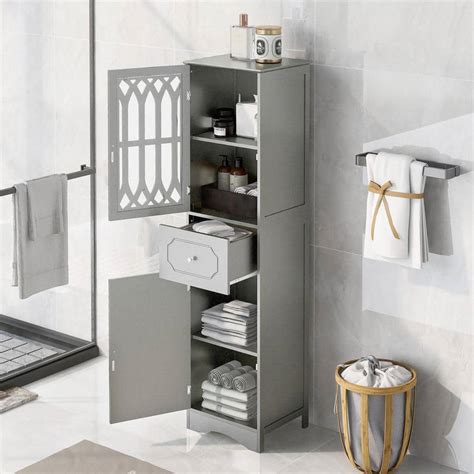 Urtr Gray Storage Cabinet With 2 Doors And1 Drawer Tall Bathroom Cabinet