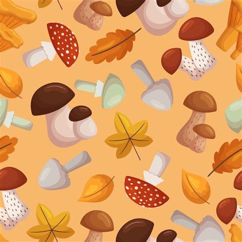 Premium Vector Seamless Pattern With Forest Mushrooms And Leaves