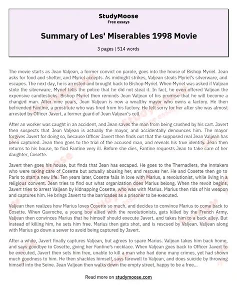 Summary of Les' Miserables 1998 Movie Free Essay Example