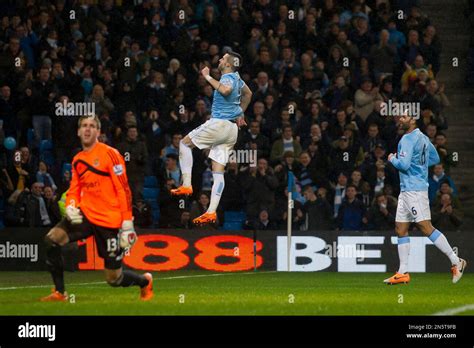 Manchester City S Alvaro Negredo Centre Celebrates After Scoring His