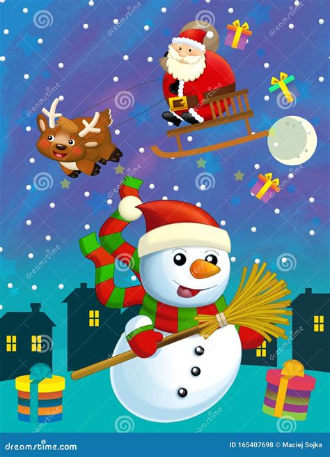 Cartoon Christmas Scene with Santa Like Character in the Winter Night Stock Illustration ...