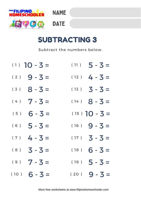 Subtraction by 3 Worksheets — The Filipino Homeschooler