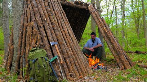 Solo Bushcraft Camping Overnight Open A Frame Natural Shelter For