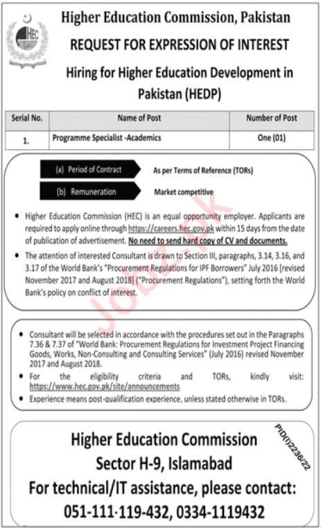 Higher Education Commission Hec Islamabad Job Job