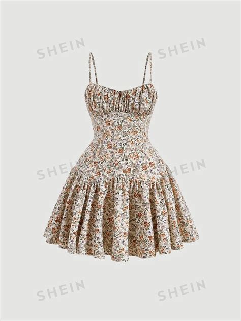 Shein Mod Ditsy Floral Print Ruched Bust Ruffle Hem Cami Dress Shein Usa