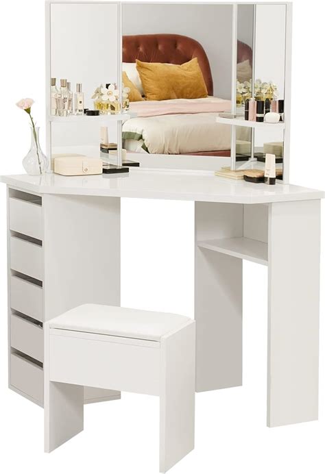 TUKAILAi White Corner Curved Dressing Table Makeup Desk With 5 Drawer 3